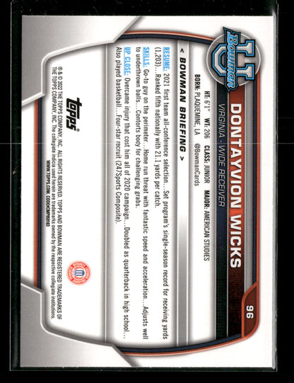 2022 Bowman Chrome University Football Dontayvion Wicks #96 Pink Refractor 1st Bowman