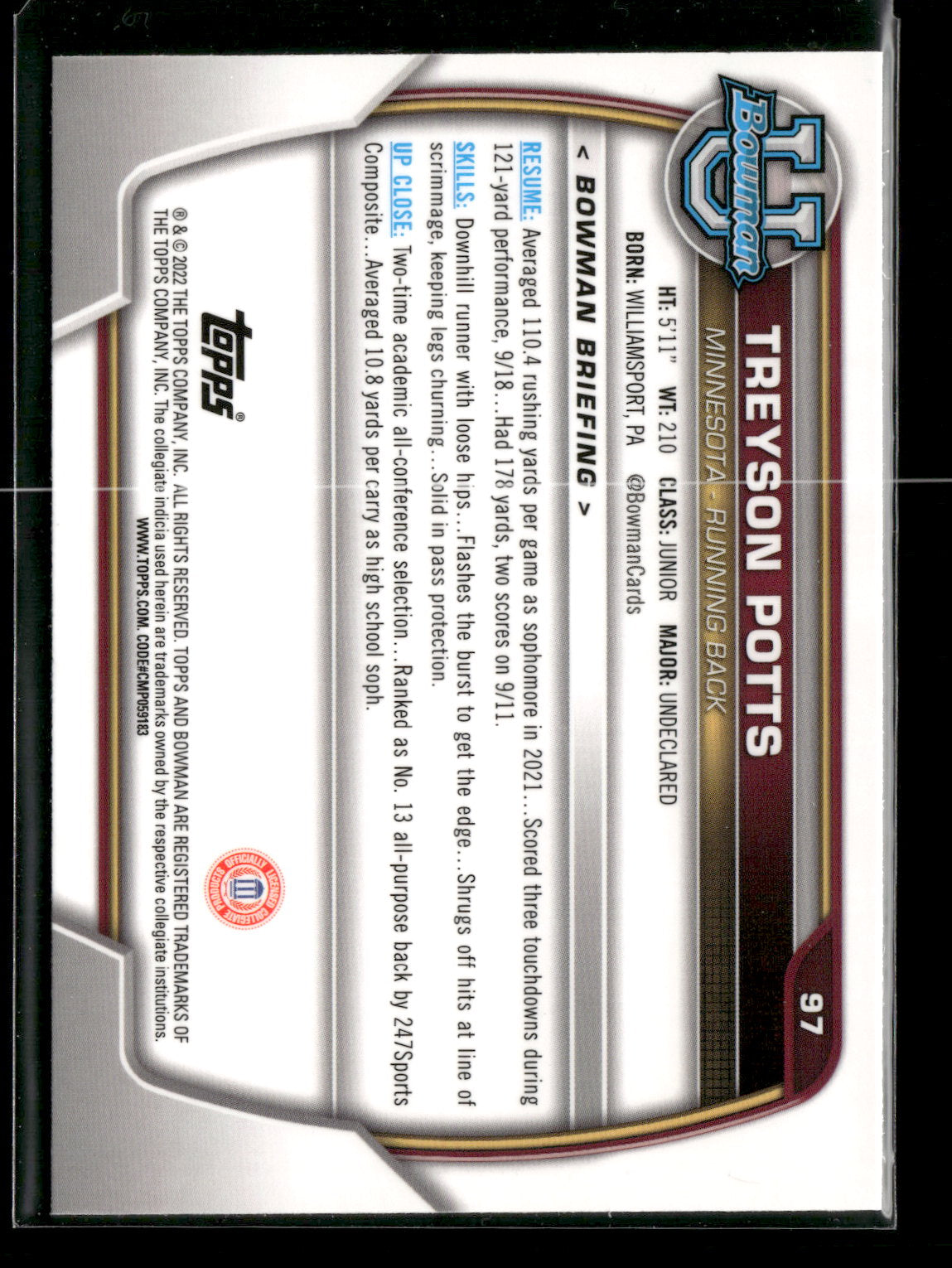 2022 Bowman Chrome University Football Treyson Potts #97 Pink Refractor 1st Bowman