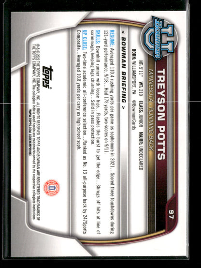 2022 Bowman Chrome University Football Treyson Potts #97 Pink Refractor 1st Bowman