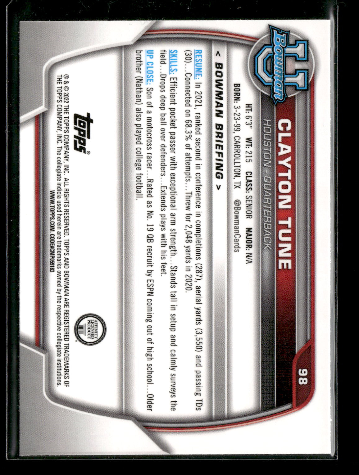 2022 Bowman Chrome University Football Clayton Tune #98 Pink Refractor 1st Bowman