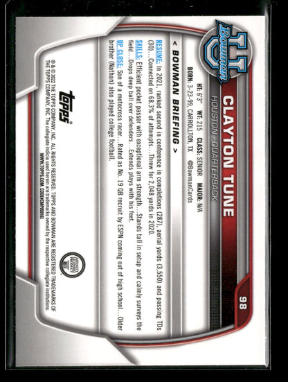 2022 Bowman Chrome University Football Clayton Tune #98 Pink Refractor 1st Bowman