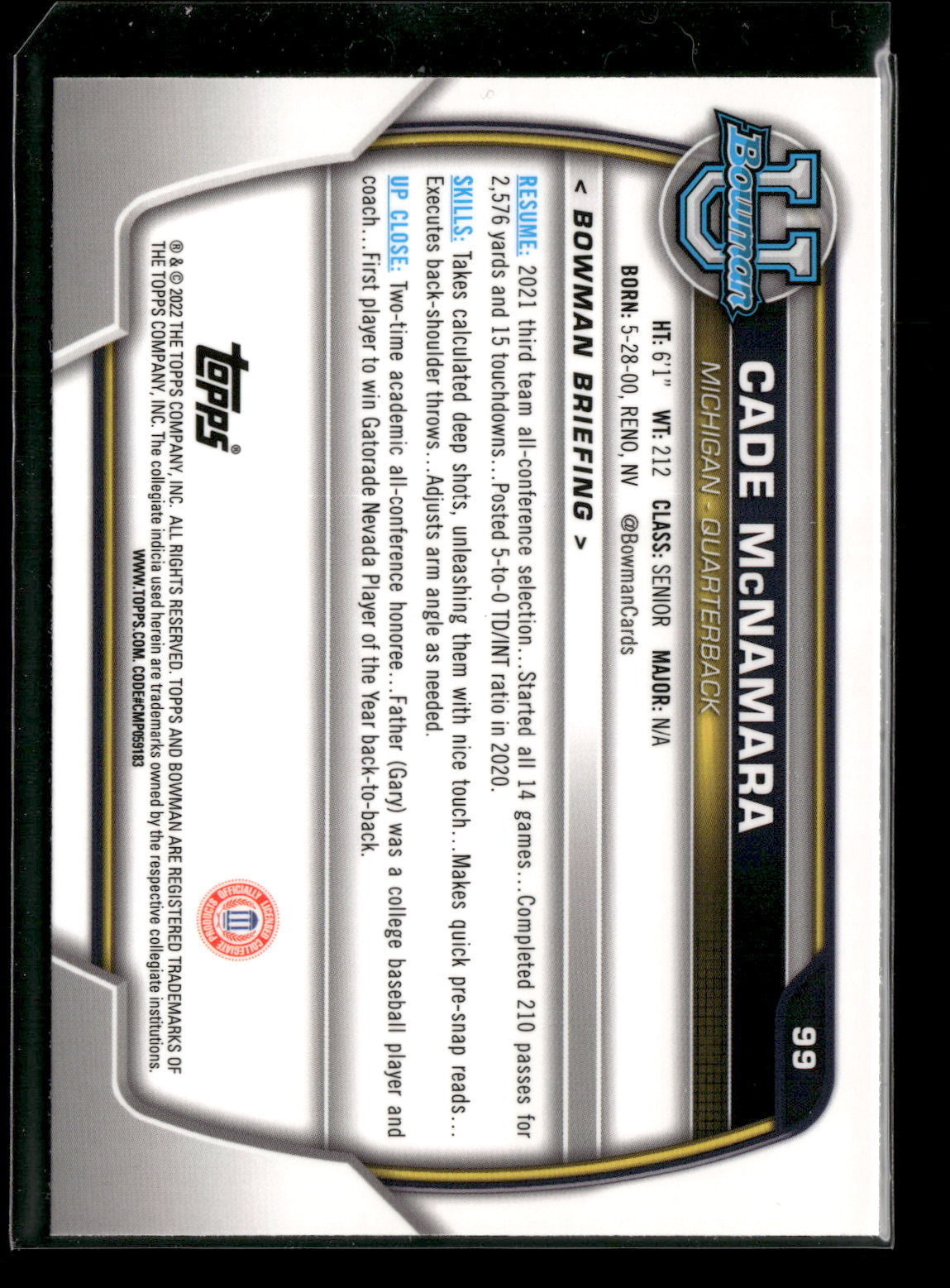 2022 Bowman Chrome University Football Cade McNamara #99 Pink Refractor 1st Bowman