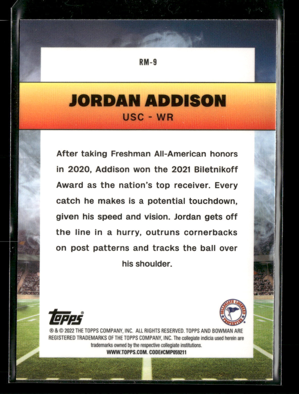 2022 Bowman Chrome University Football Jordan Addison #RM-9 Ramblin’ Man