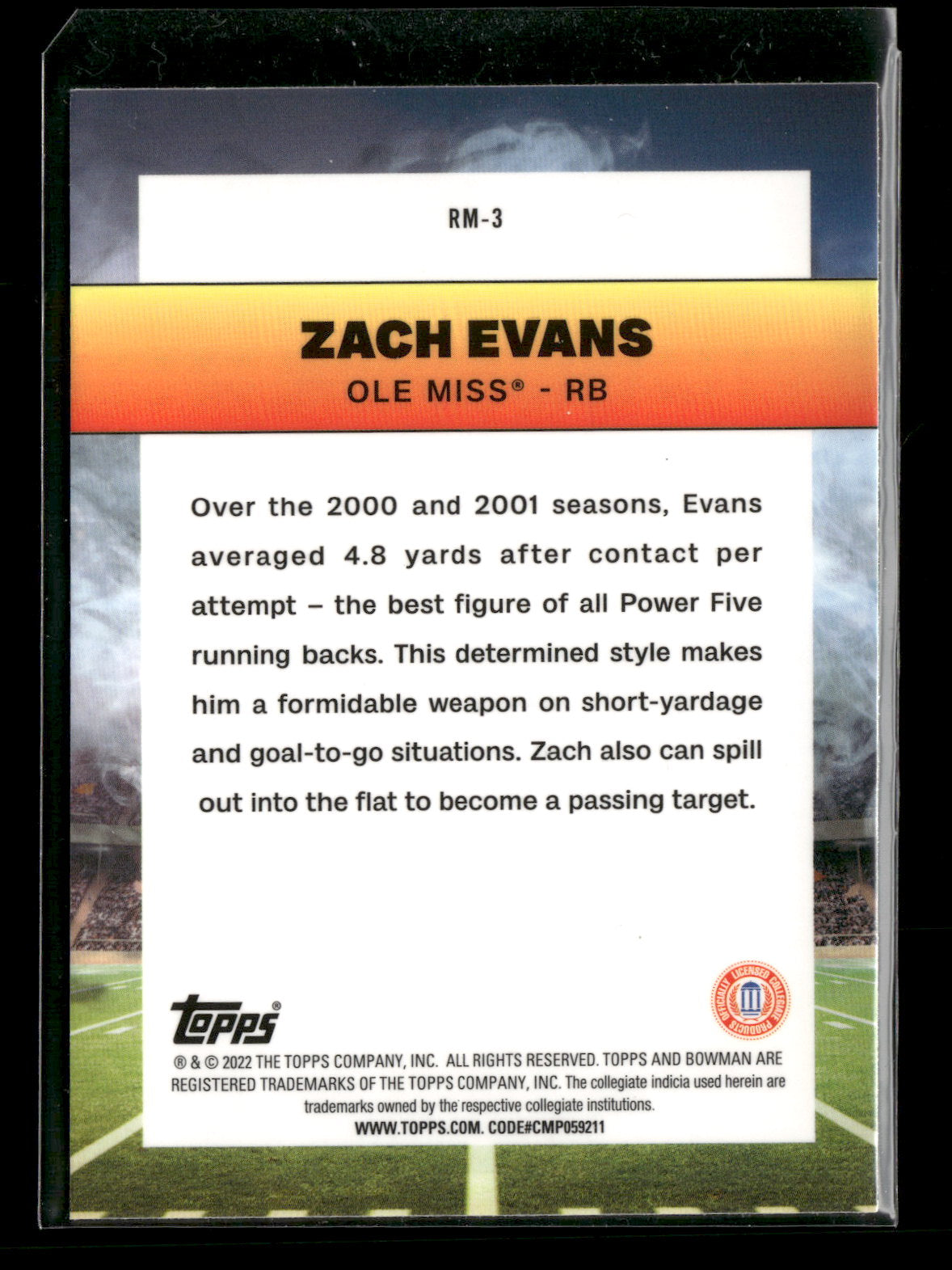 2022 Bowman Chrome University Football Zach Evans #RM-3 Ramblin’ Man