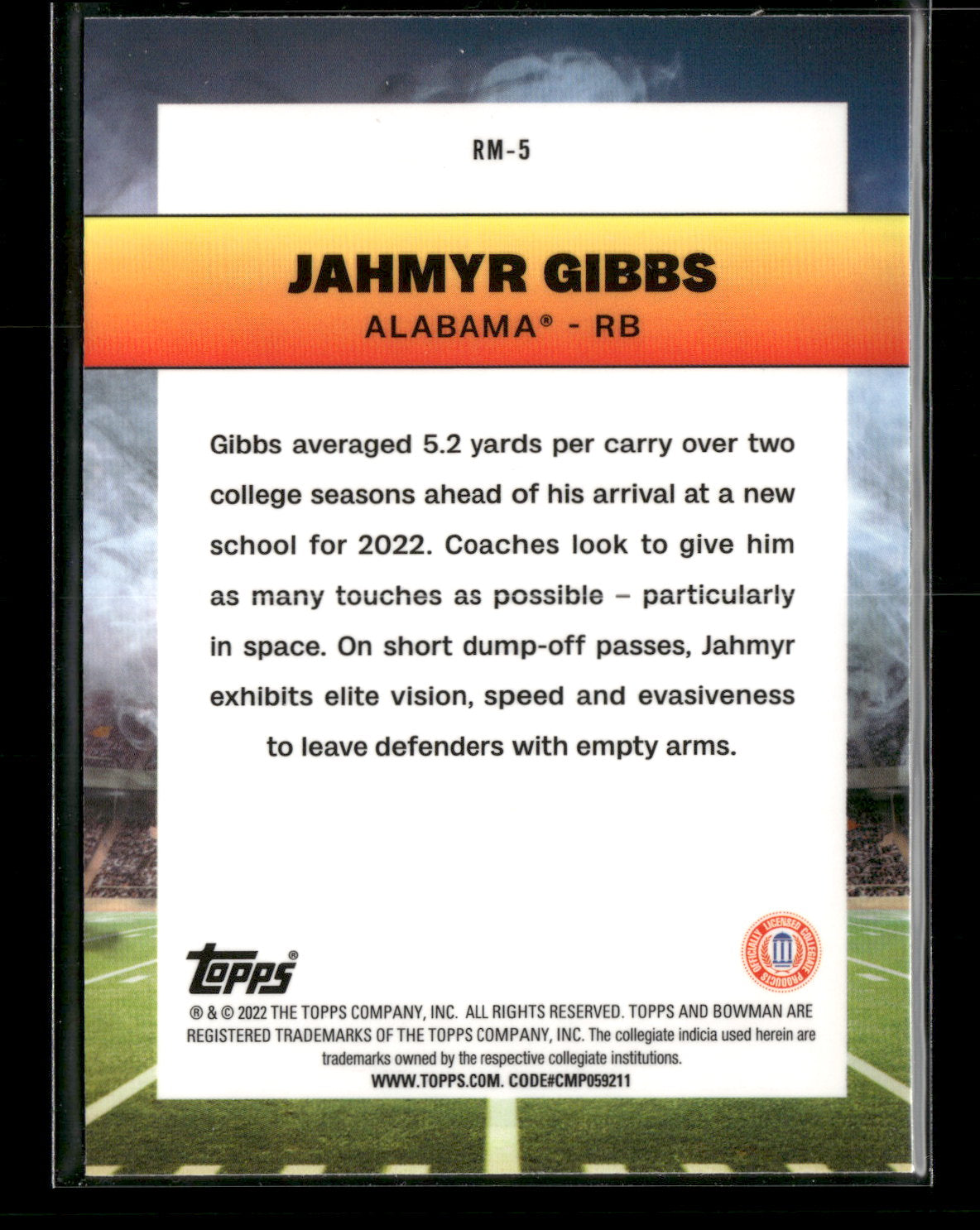 2022 Bowman Chrome University Football Jahmyr Gibbs #RM-5 Ramblin’ Man