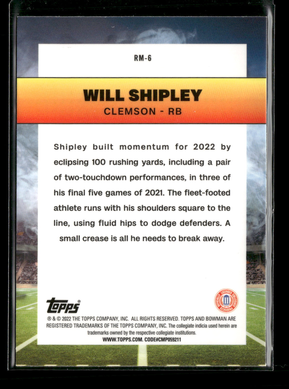 2022 Bowman Chrome University Football Will Shipley #RM-6 Ramblin’ Man