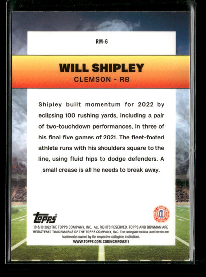 2022 Bowman Chrome University Football Will Shipley #RM-6 Ramblin’ Man