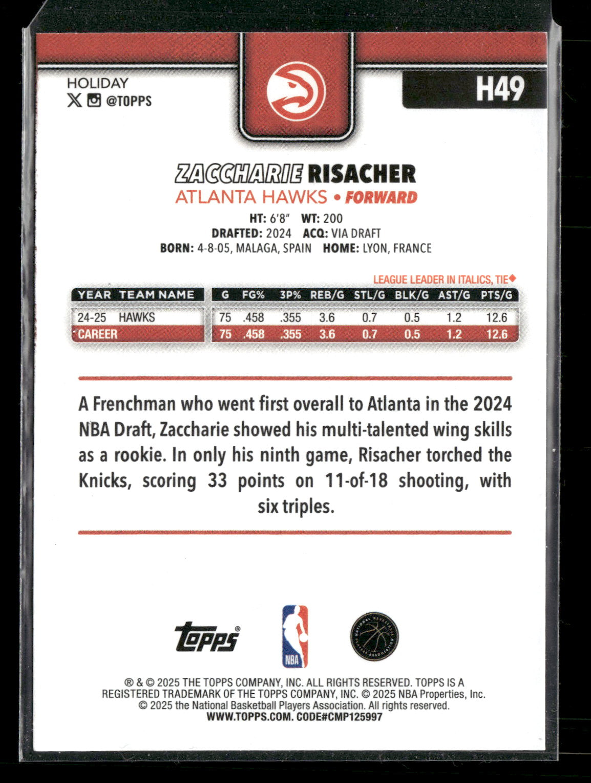 2025-26 Topps Holiday Basketball Zaccharie Risacher #H49 Light Blue and White Glitter Parallel