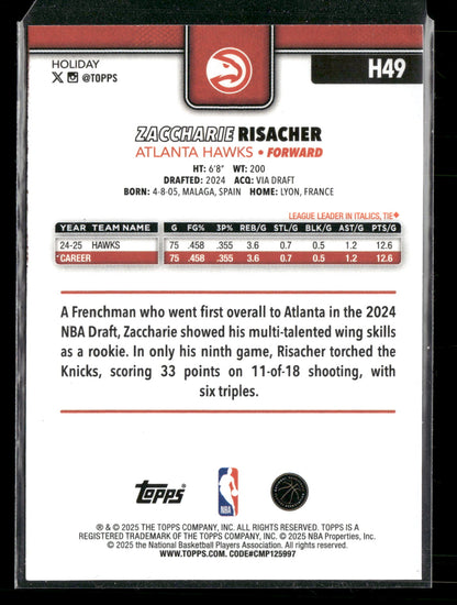 2025-26 Topps Holiday Basketball Zaccharie Risacher #H49 Light Blue and White Glitter Parallel