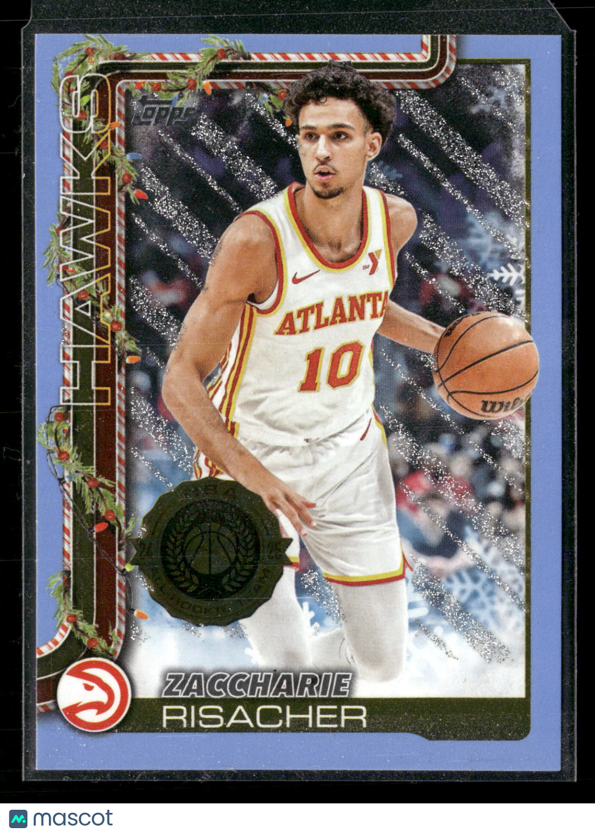 2025-26 Topps Holiday Basketball Zaccharie Risacher #H49 Light Blue and White Glitter Parallel