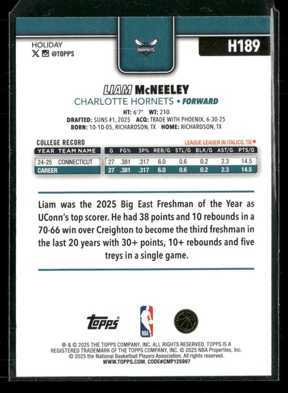 2025-26 Topps Holiday Basketball Liam McNeeley #H189 Light Blue and White Glitter Parallel RC