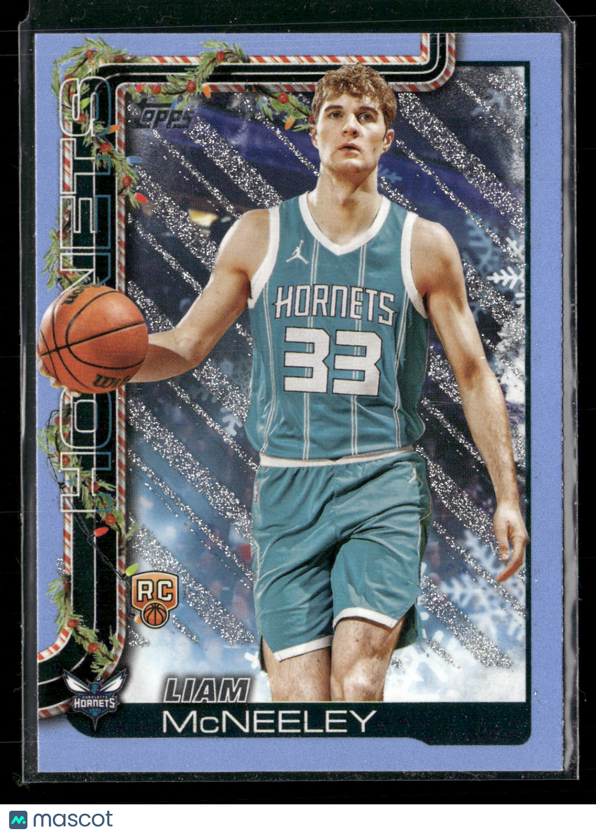2025-26 Topps Holiday Basketball Liam McNeeley #H189 Light Blue and White Glitter Parallel RC