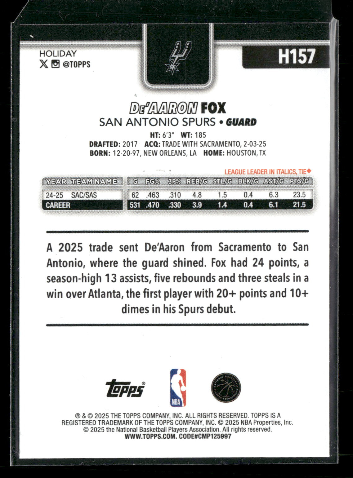 2025-26 Topps Holiday Basketball De'Aaron Fox #H157 Light Blue and White Glitter Parallel