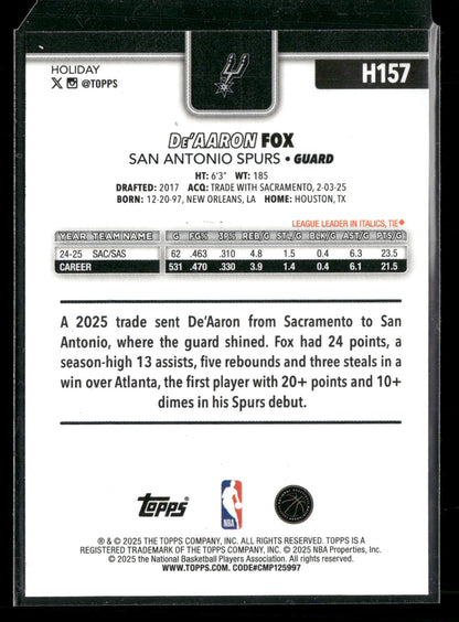 2025-26 Topps Holiday Basketball De'Aaron Fox #H157 Light Blue and White Glitter Parallel