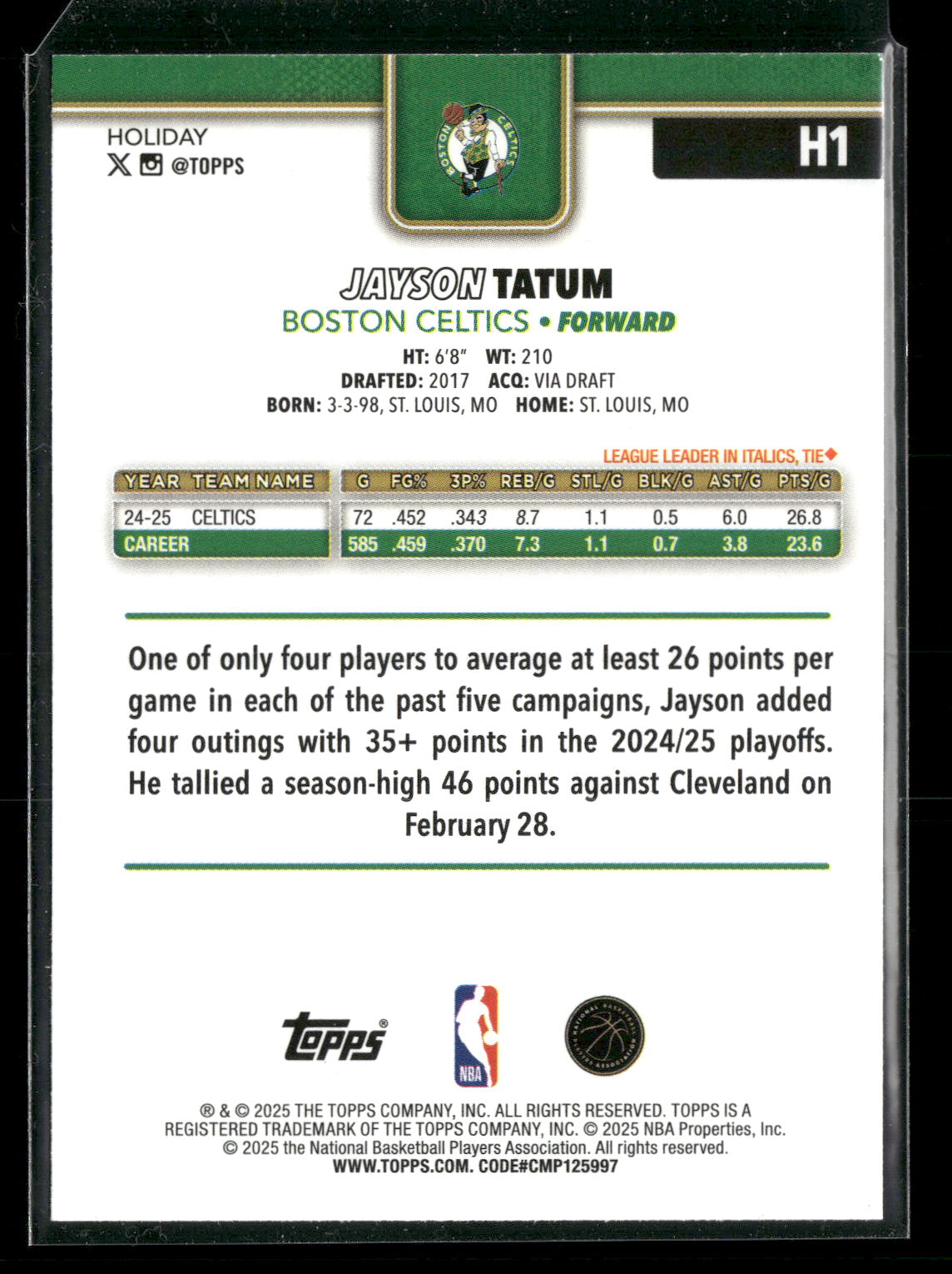 2025-26 Topps Holiday Basketball Jayson Tatum #H1 Glitter Holiday