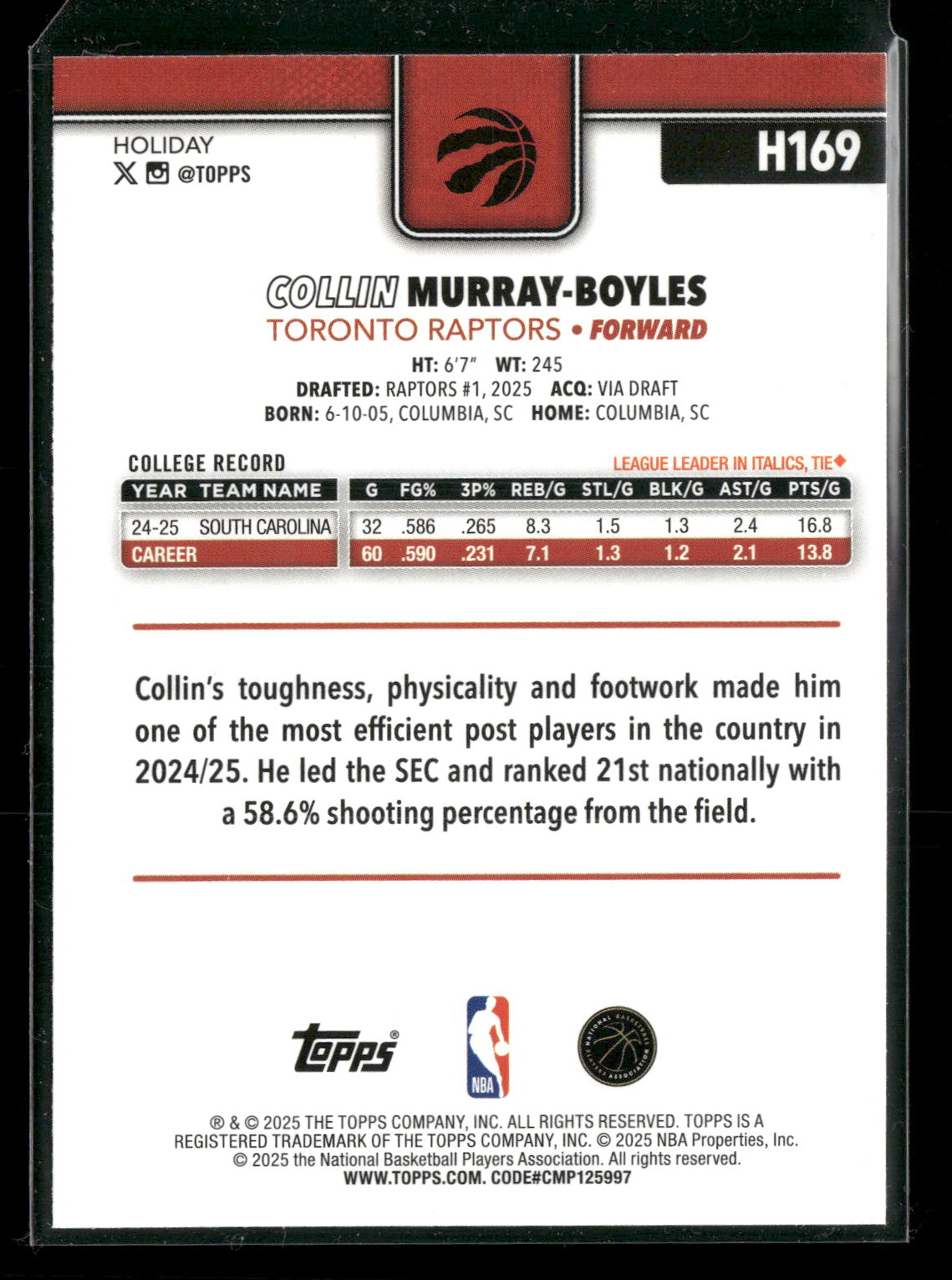2025-26 Topps Holiday Basketball Collin Murray-Boyles #H169 Glitter Parallel RC