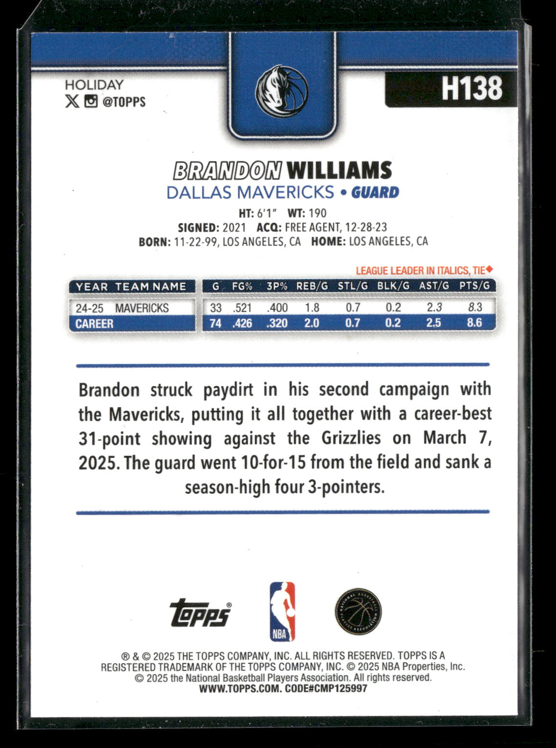 2025-26 Topps Holiday Basketball Brandon Williams #H138 Glitter Parallel