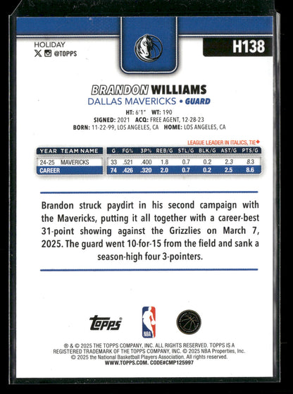 2025-26 Topps Holiday Basketball Brandon Williams #H138 Glitter Parallel
