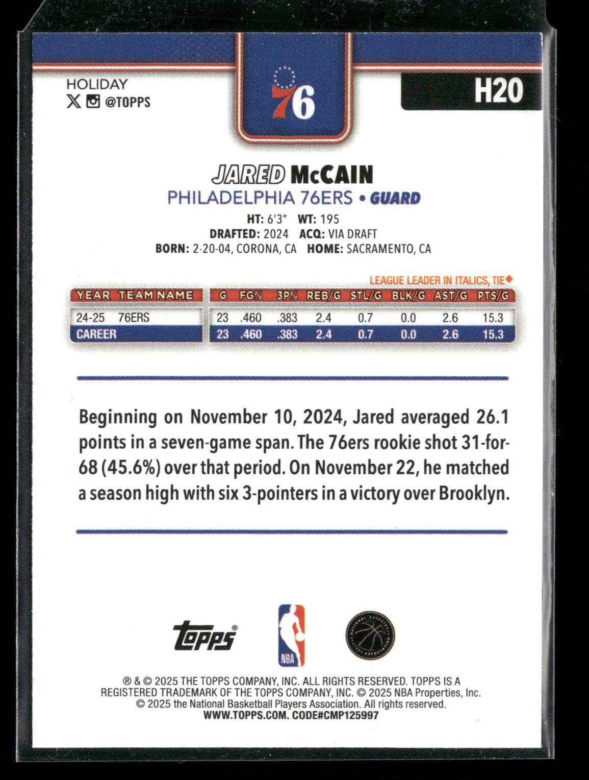 2025-26 Topps Holiday Basketball Jared McCain #H20 Glitter Parallel