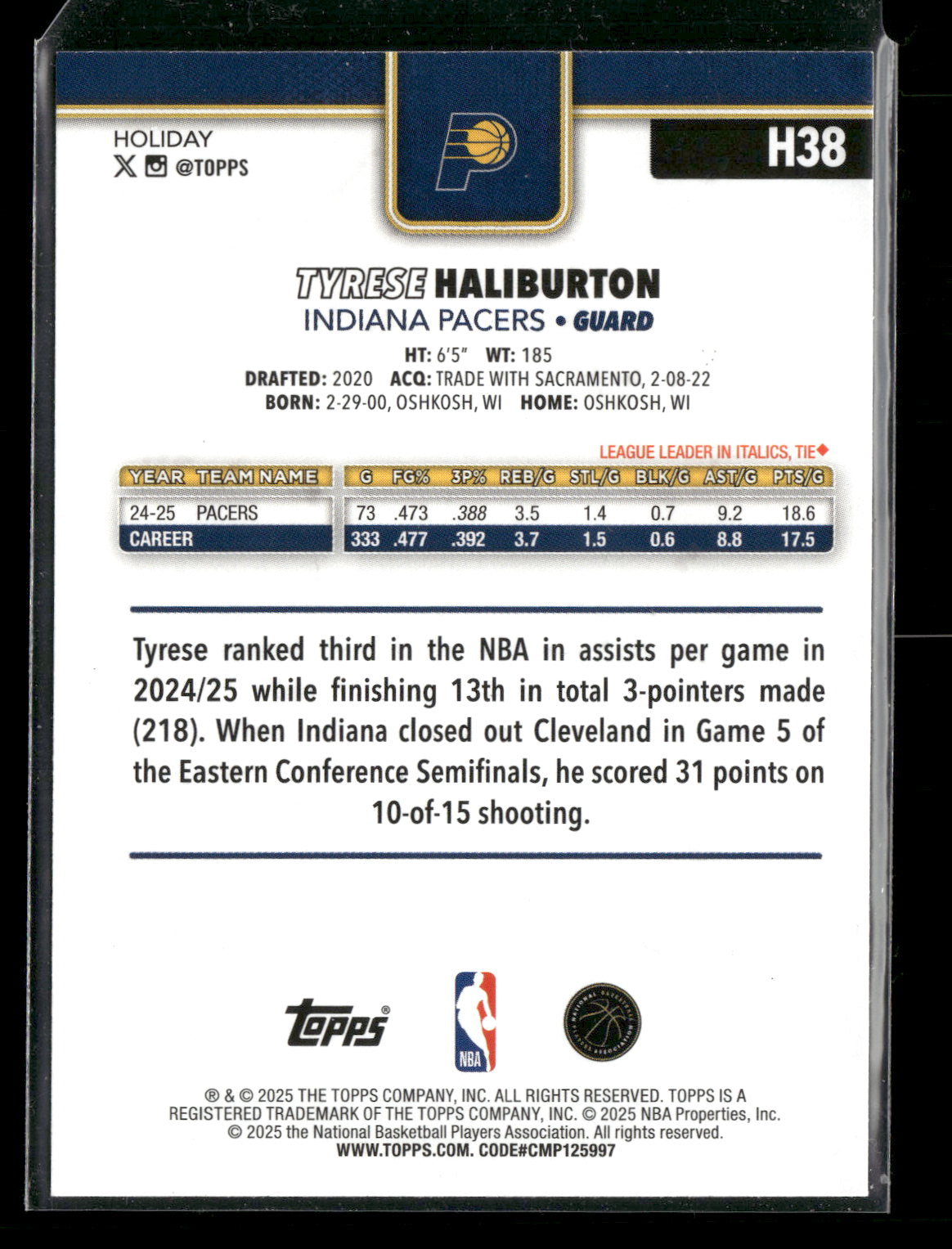 2025-26 Topps Holiday Basketball Tyrese Haliburton #H38 Glitter Parallel