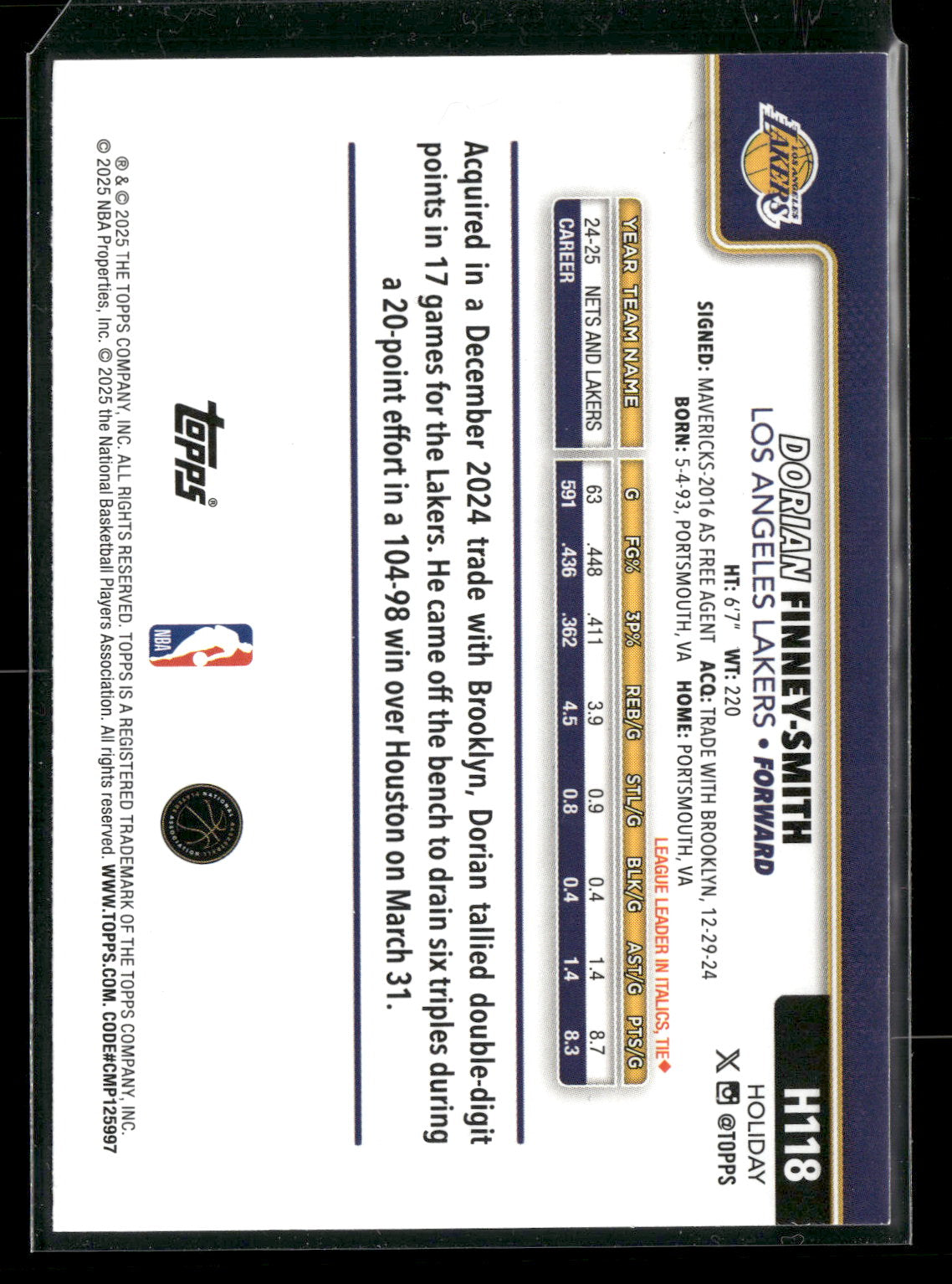 2025-26 Topps Holiday Basketball Dorian Finney-Smith #H118 Glitter Parallel