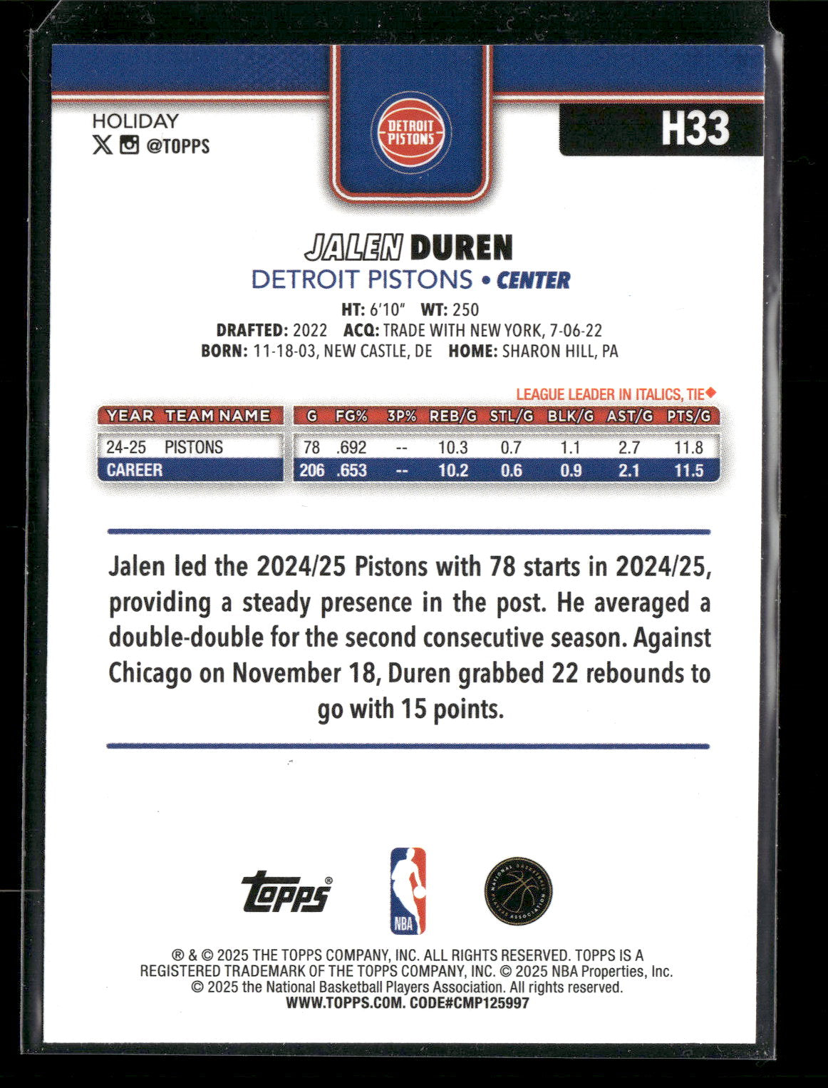 2025-26 Topps Holiday Basketball Jalen Duren #H33 Glitter Parallel