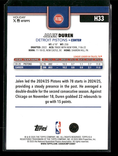 2025-26 Topps Holiday Basketball Jalen Duren #H33 Glitter Parallel