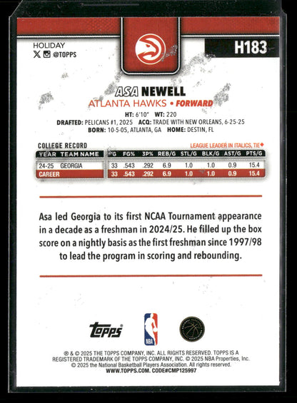 2025-26 Topps Holiday Basketball Asa Newell #H183 Glitter Parallel RC
