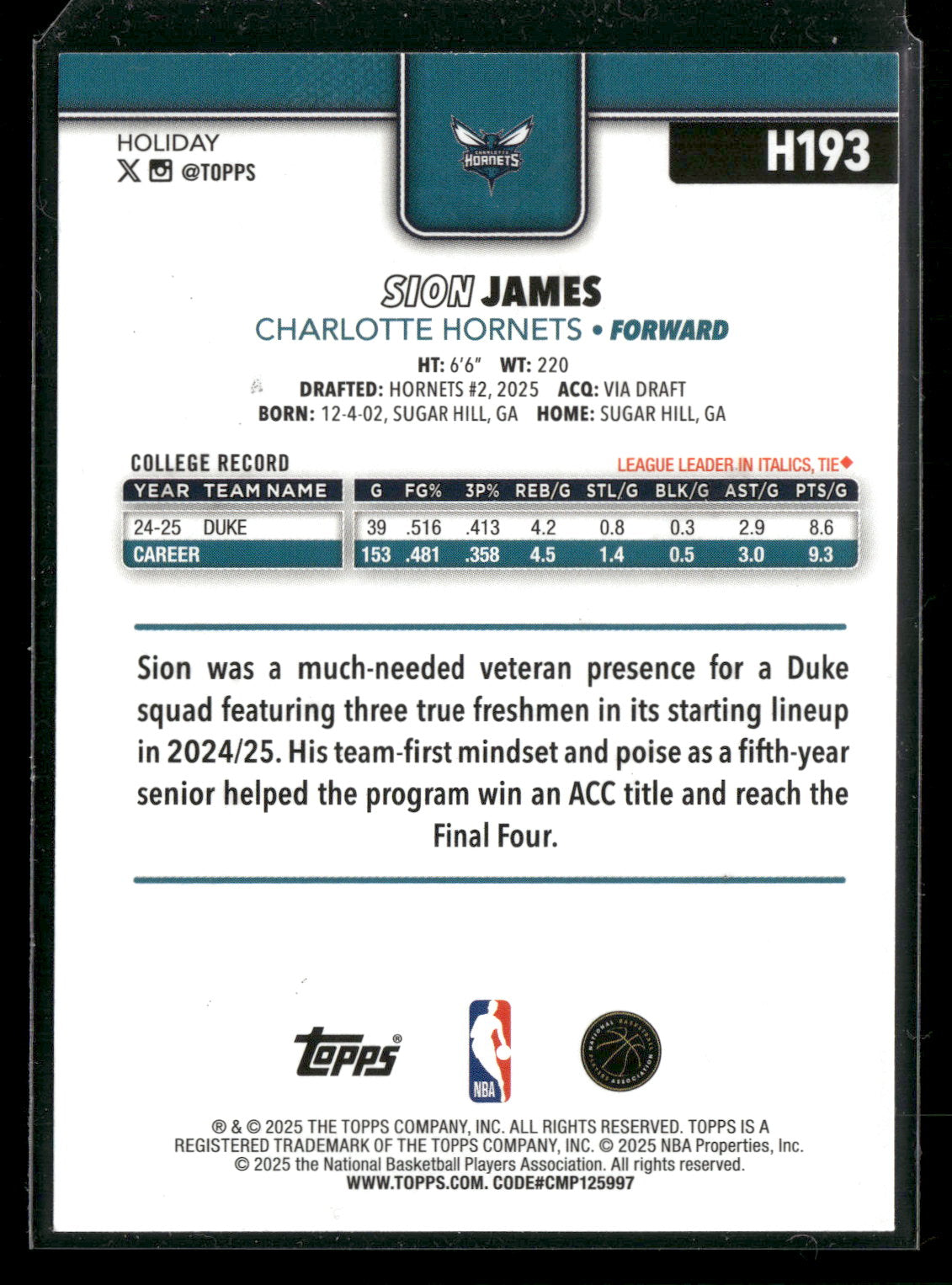 2025-26 Topps Holiday Basketball Sion James #H193 Glitter Parallel RC