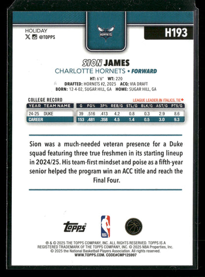 2025-26 Topps Holiday Basketball Sion James #H193 Glitter Parallel RC