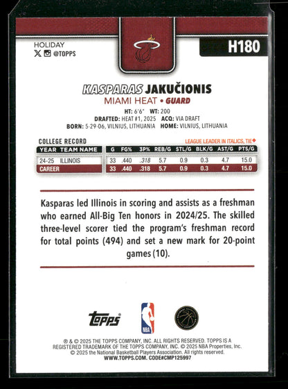 2025-26 Topps Holiday Basketball Kasparas Jakučionis #H180 Glitter Parallel RC