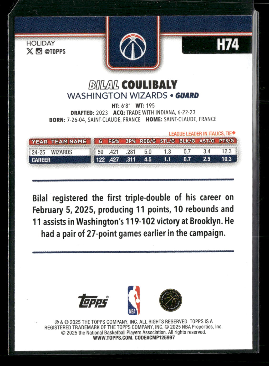 2025-26 Topps Holiday Basketball Bilal Coulibaly #H74