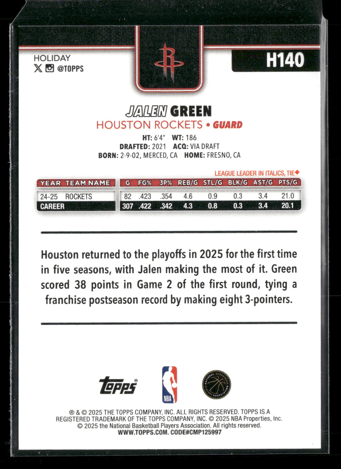 2025-26 Topps Holiday Basketball Jalen Green #H140