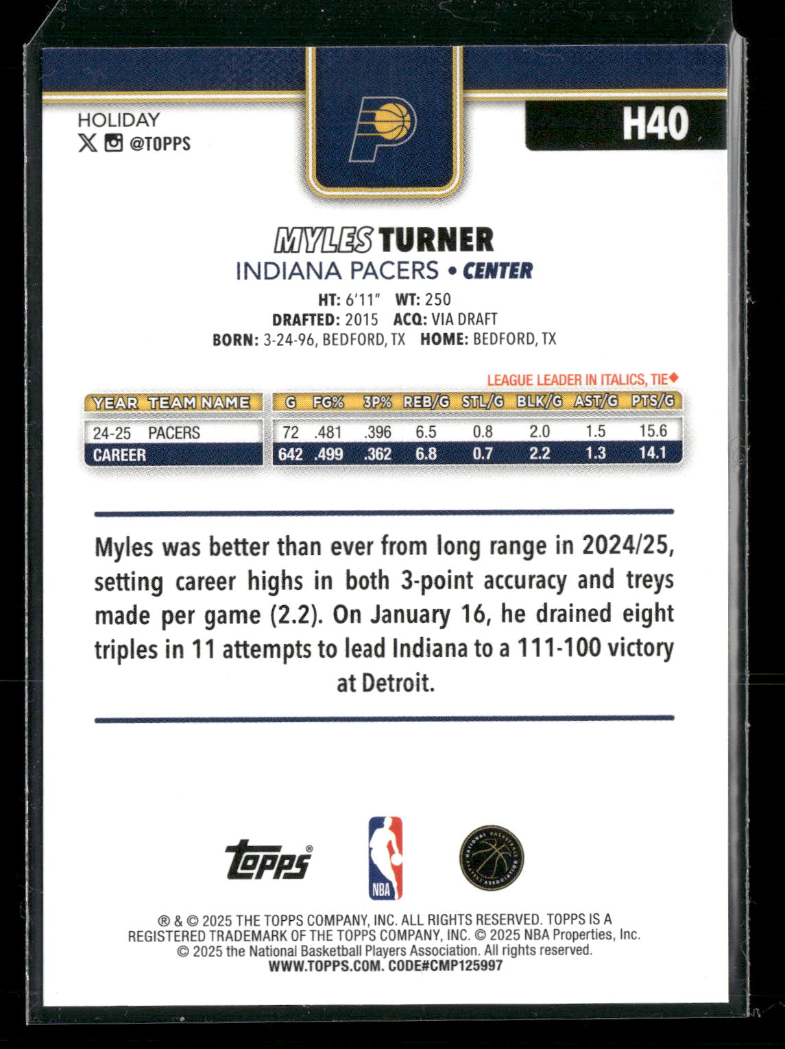 2025-26 Topps Holiday Basketball Myles Turner #H40