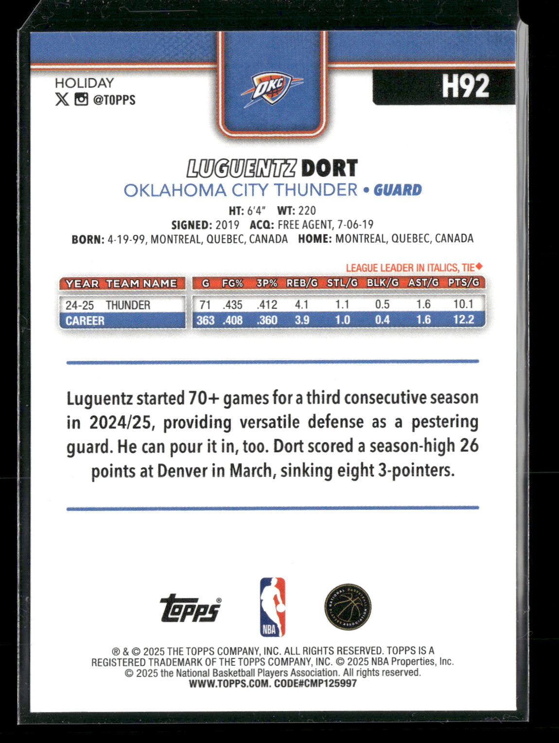 2025-26 Topps Holiday Basketball Luguentz Dort #H92