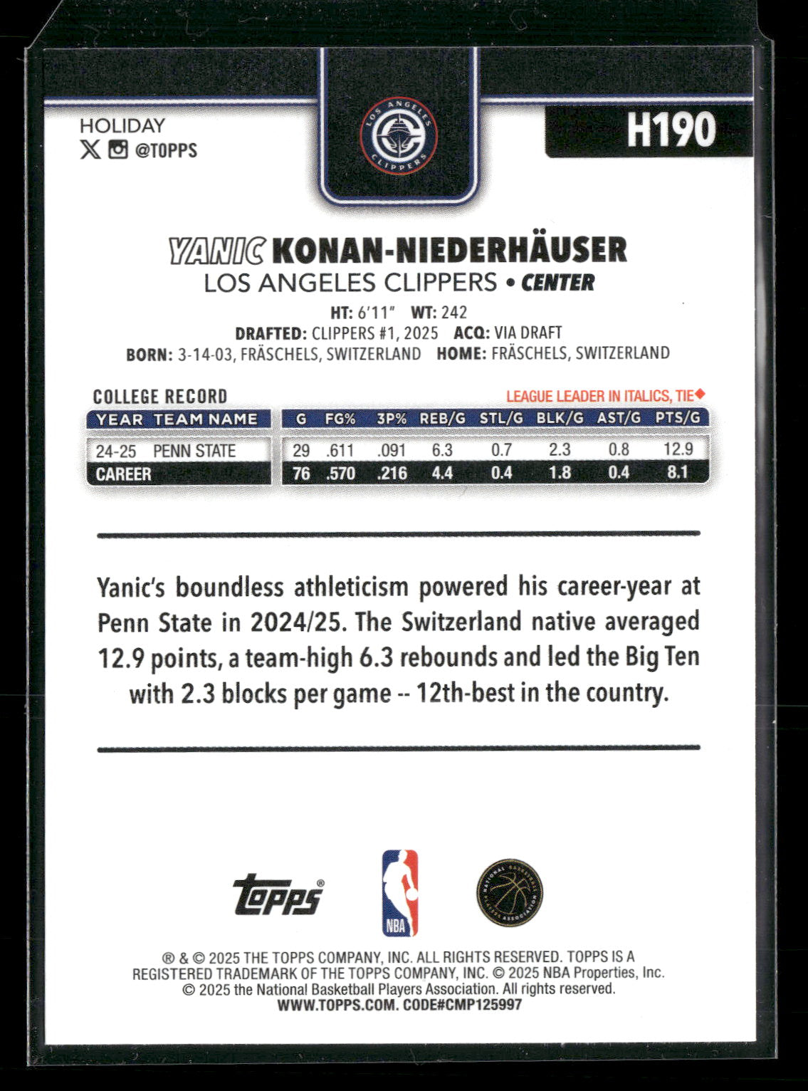 2025-26 Topps Holiday Basketball Yanic Konan-Niederhauser #H190 RC