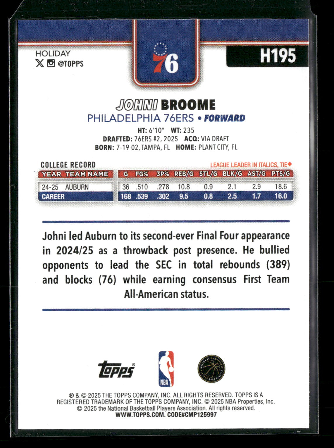 2025-26 Topps Holiday Basketball Johni Broome #H195 RC