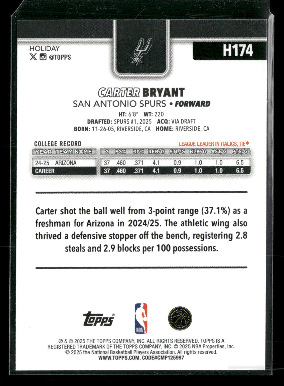 2025-26 Topps Holiday Basketball Carter Bryant #H174 RC