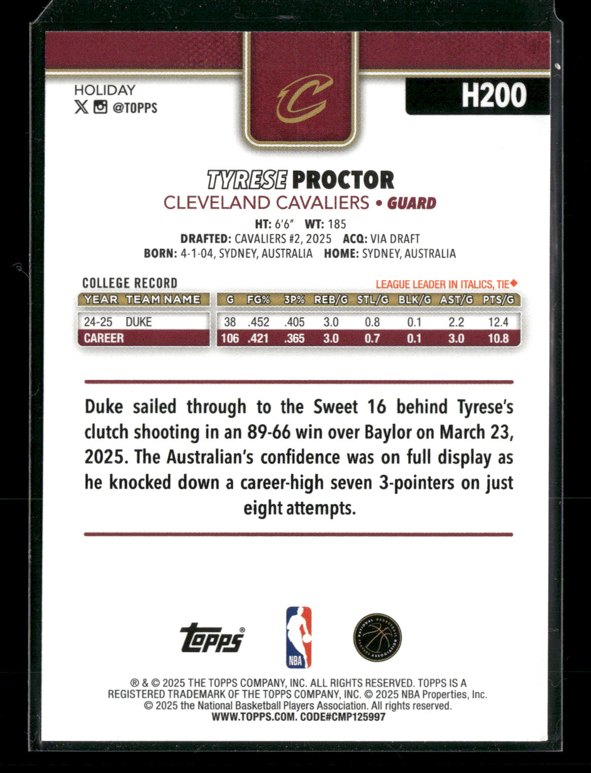 2025-26 Topps Holiday Basketball Tyrese Proctor #H200 RC