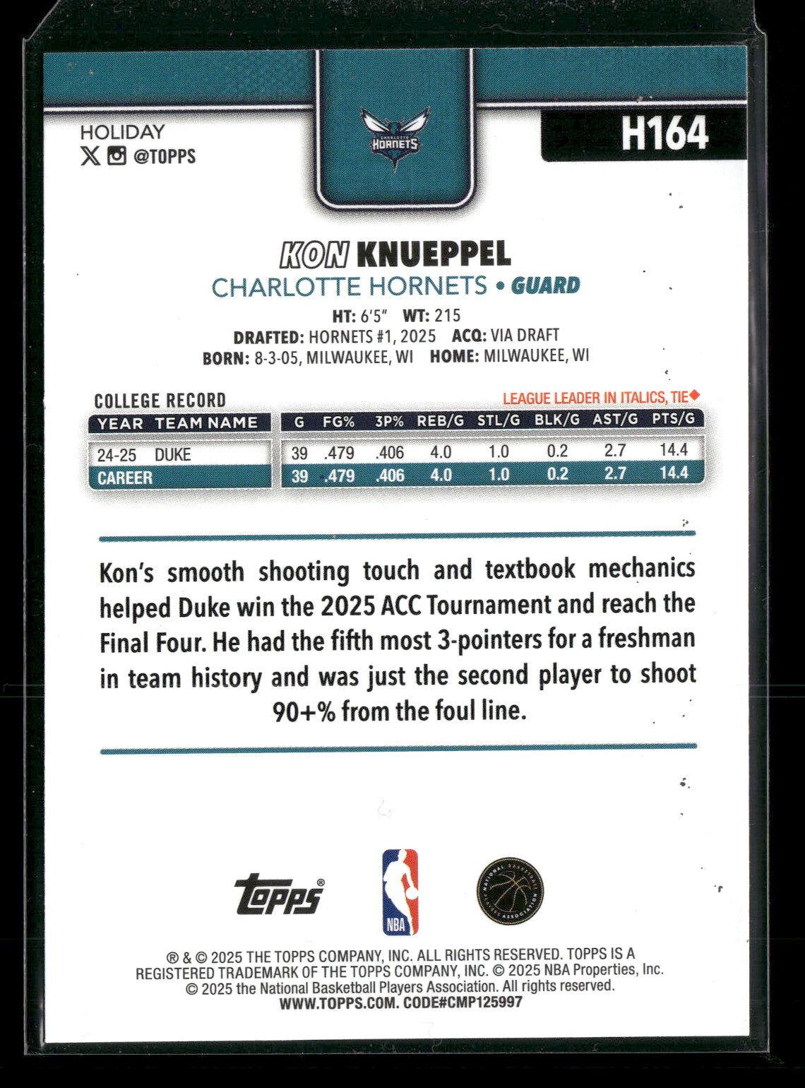 2025-26 Topps Holiday Basketball Kon Knueppel #H164 RC