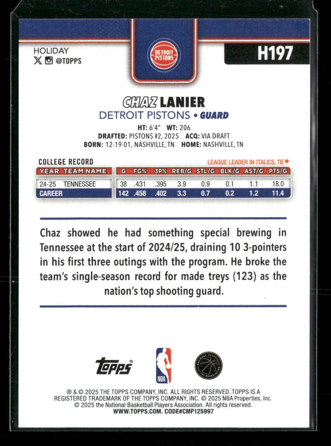 2025-26 Topps Holiday Basketball Chaz Lanier #H197 RC
