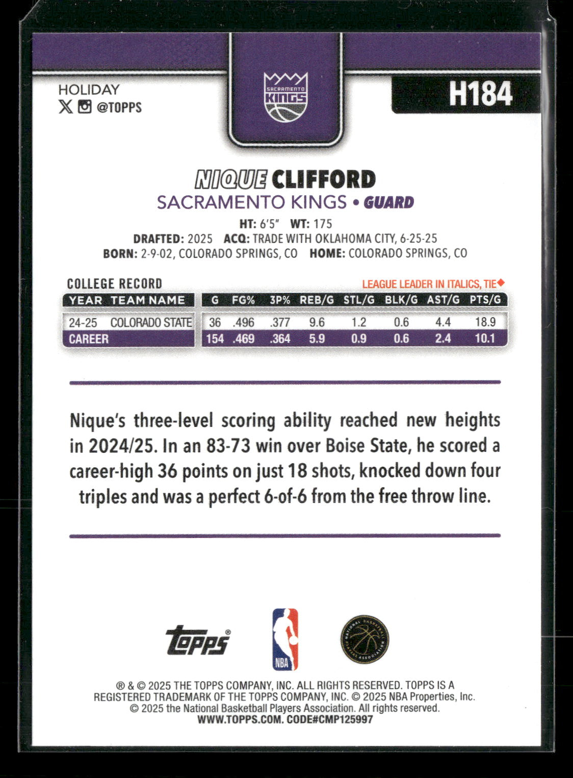 2025-26 Topps Holiday Basketball Nique Clifford #H184 RC