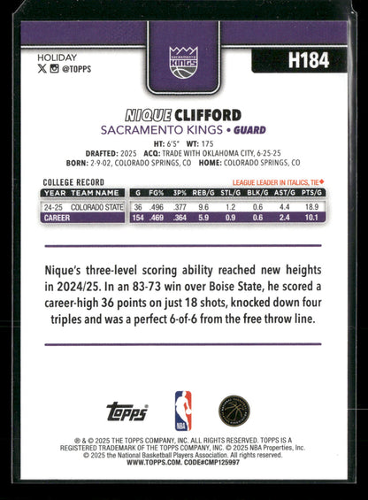 2025-26 Topps Holiday Basketball Nique Clifford #H184 RC