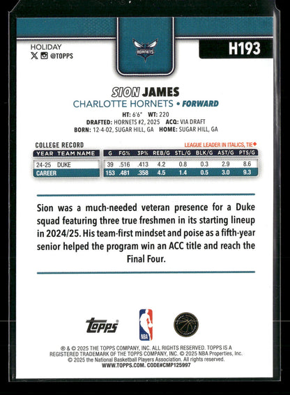 2025-26 Topps Holiday Basketball Sion James #H193 RC