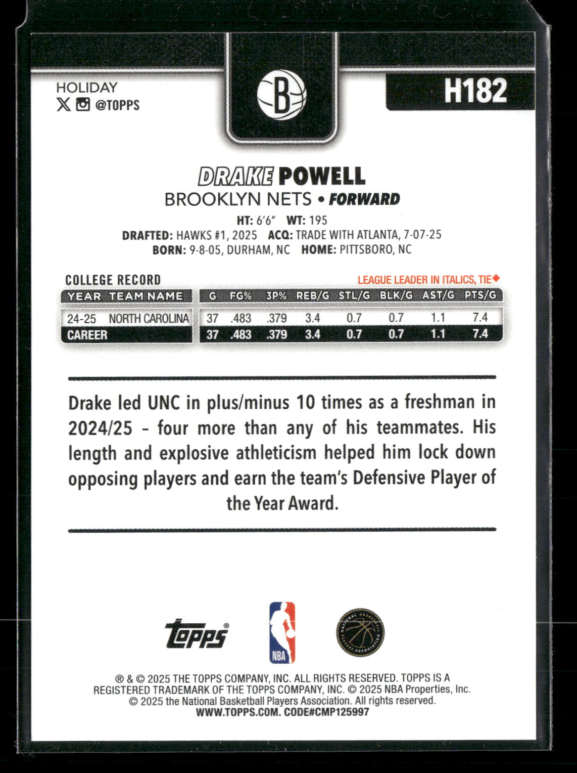 2025-26 Topps Holiday Basketball Drake Powell #H182 RC