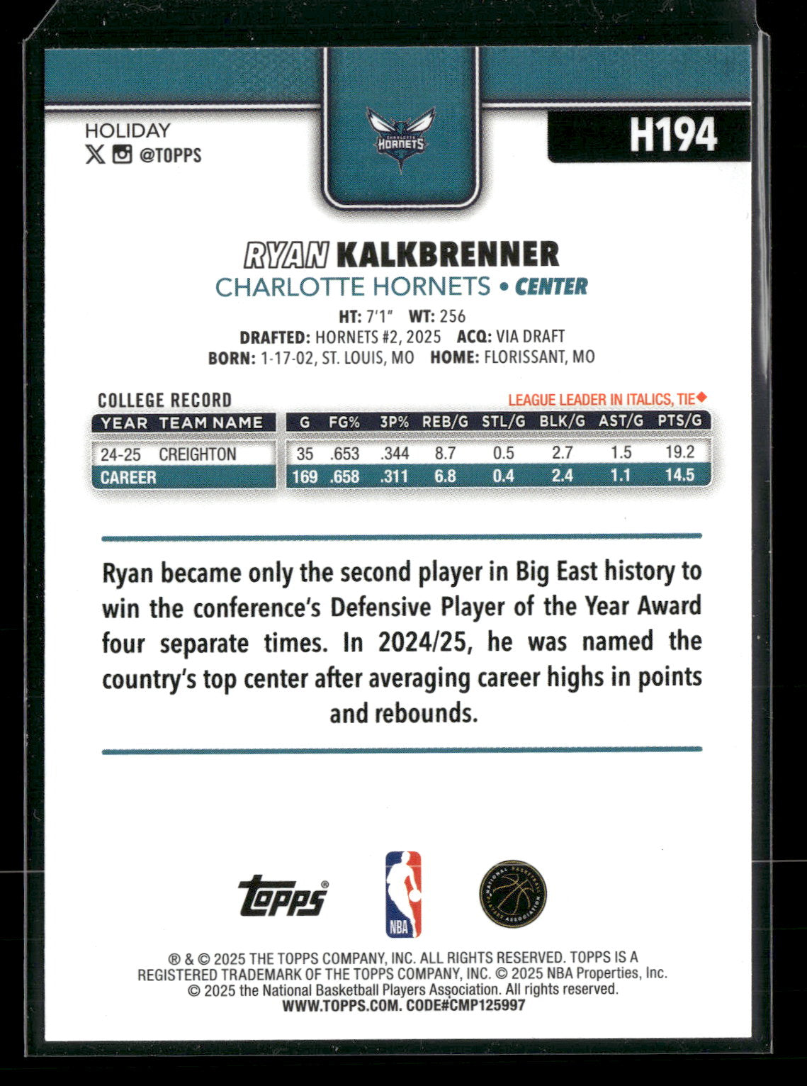 2025-26 Topps Holiday Basketball Ryan Kalkbrenner #H194 RC