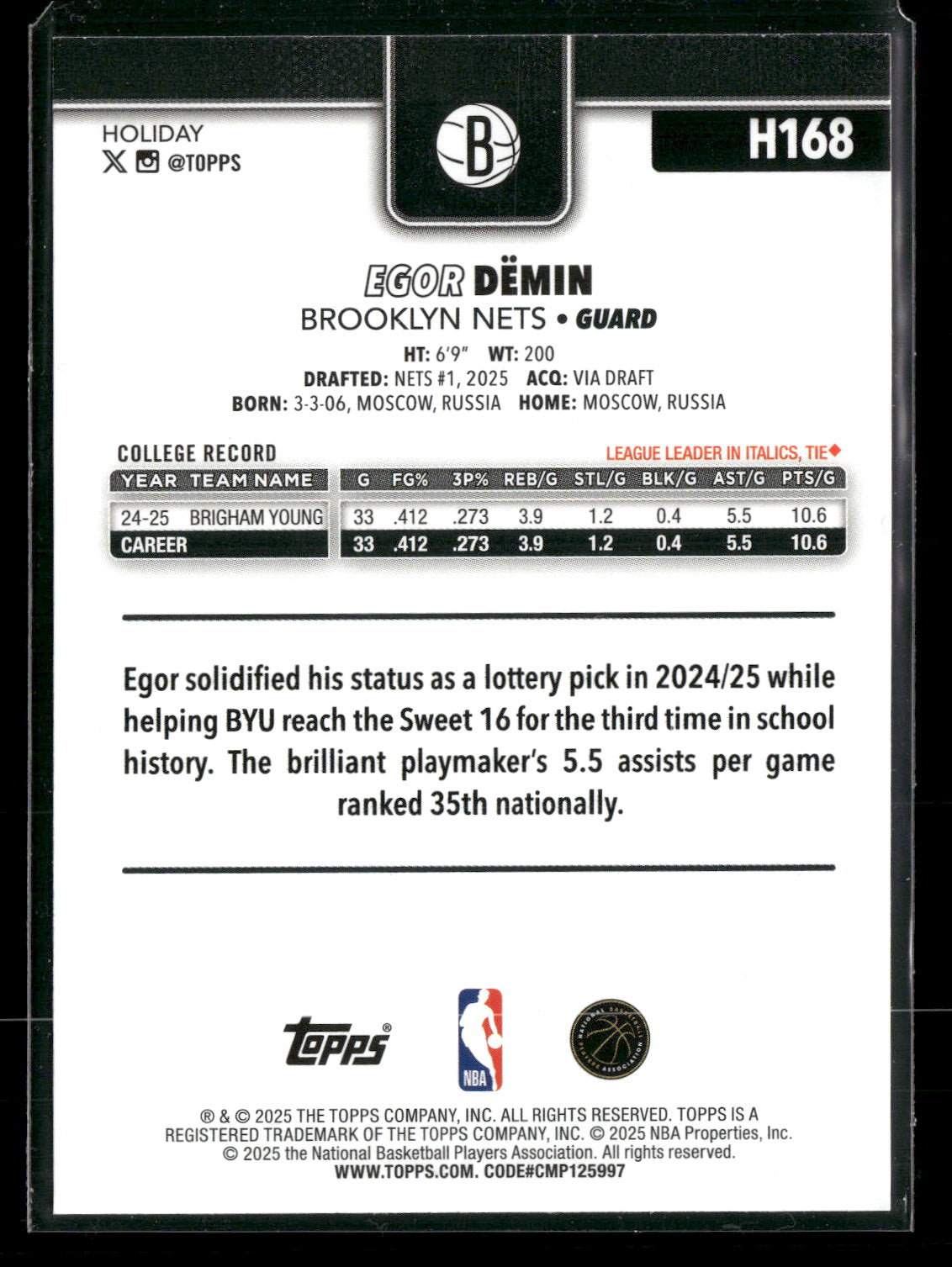 2025-26 Topps Holiday Basketball Egor Demin #H168 RC