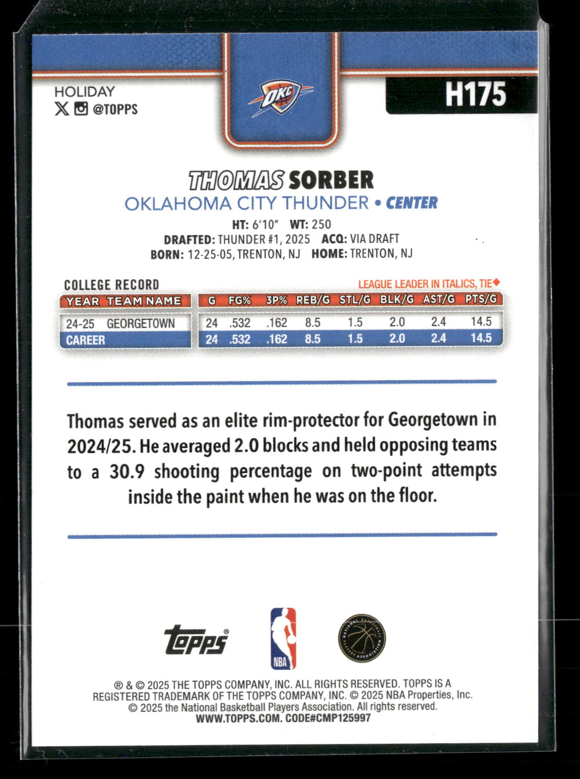 2025-26 Topps Holiday Basketball Thomas Sorber #H175 RC