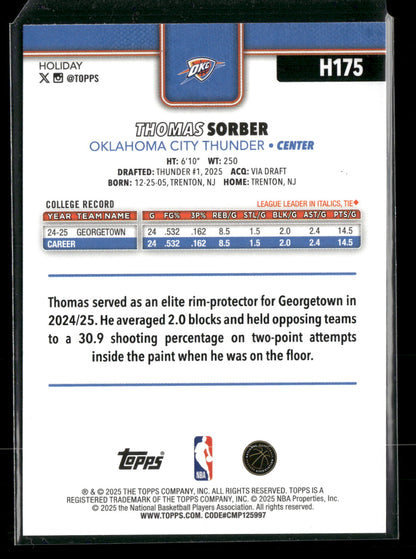 2025-26 Topps Holiday Basketball Thomas Sorber #H175 RC