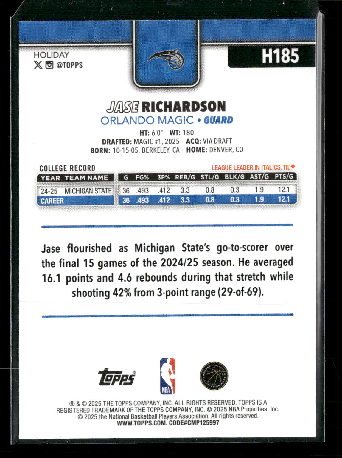 2025-26 Topps Holiday Basketball Jase Richardson #H185 RC